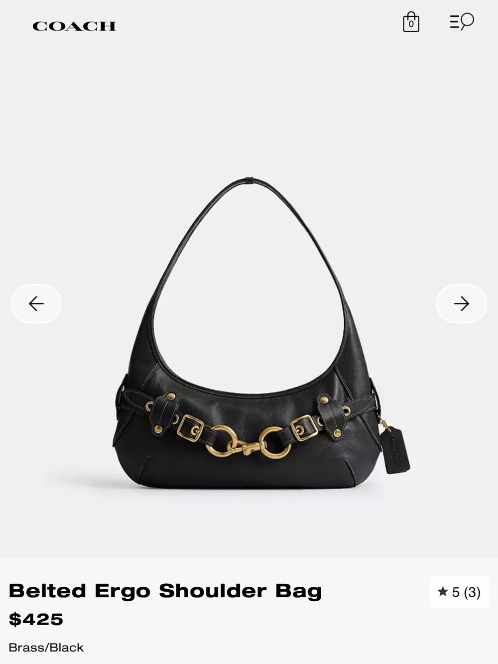 Coach Belted Ergo Shoulder Bag in Black NWT